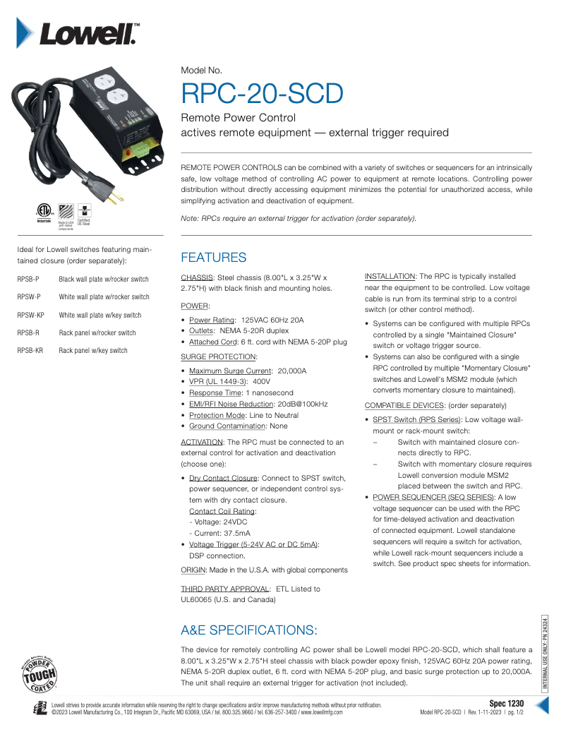 Image de la première page du manuel de l'appareil RPC-20-SCD