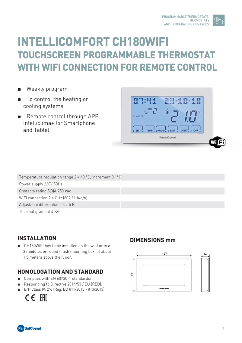 Page 1 de la notice Fiche technique Fantini Cosmi Intellicomfort CH180WIFI