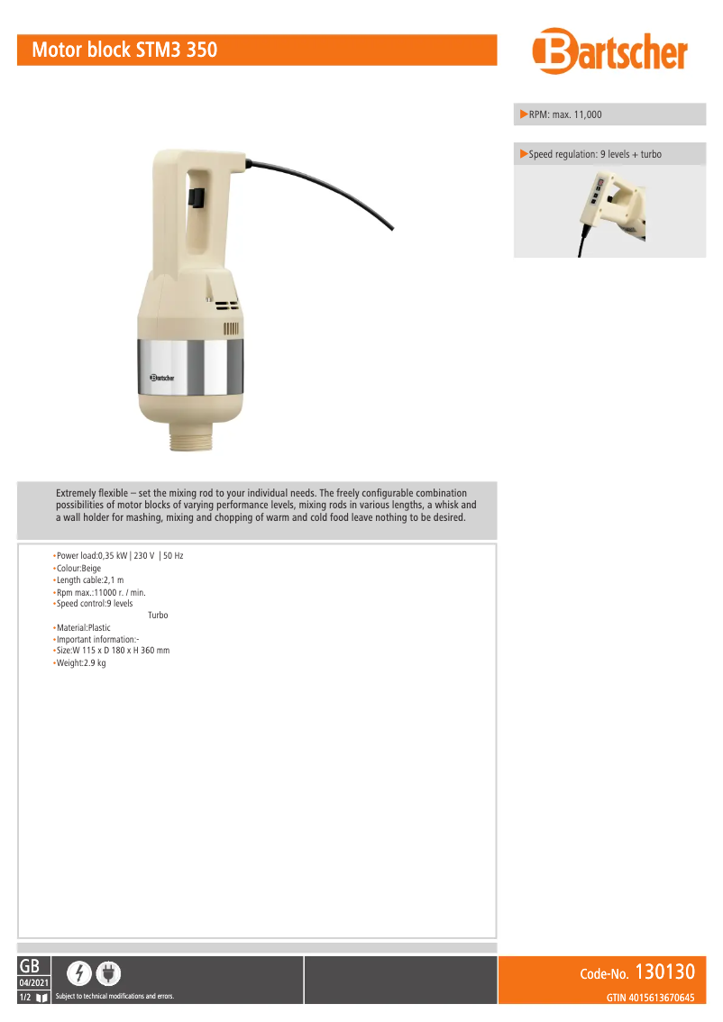 Page 1 de la notice Fiche technique Bartscher STM3 350