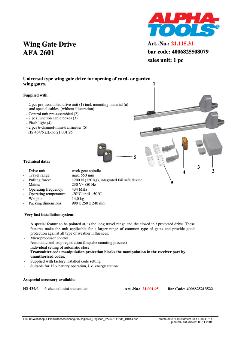 Page 1 of the manual Technical Sheet Alpha Tools AFA 2601