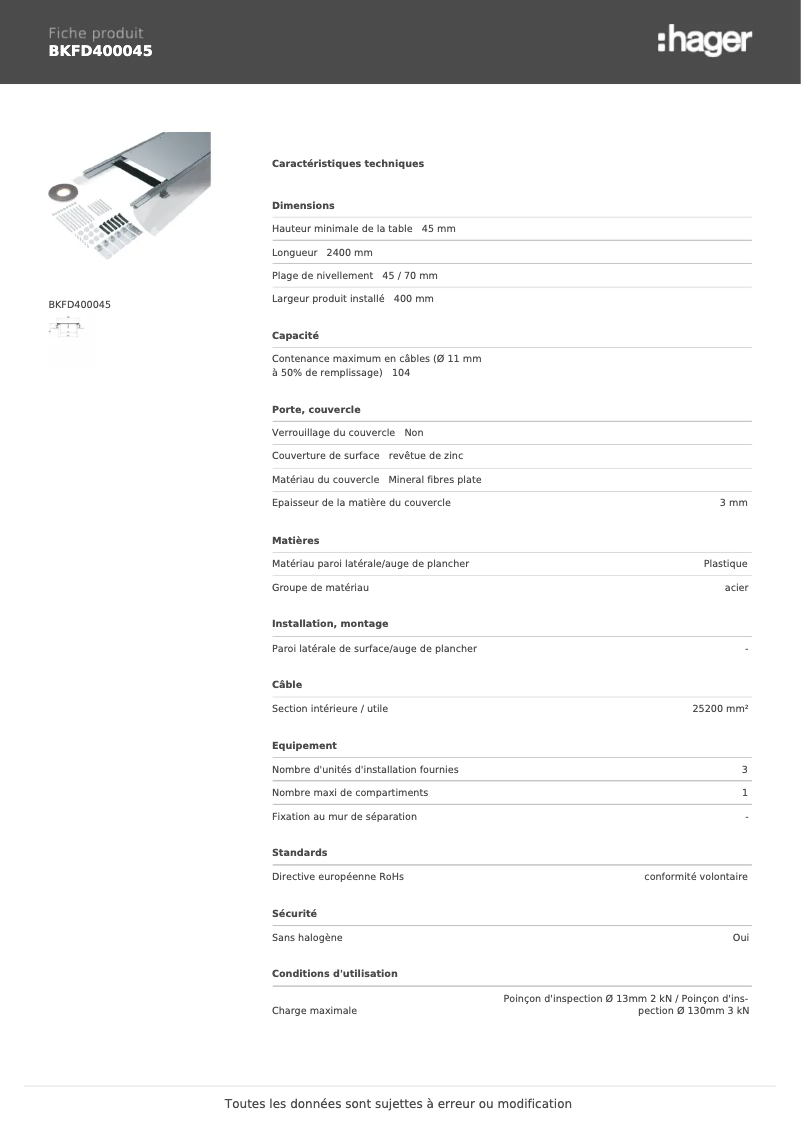 Page 1 de la notice Fiche technique Hager BKFD400045