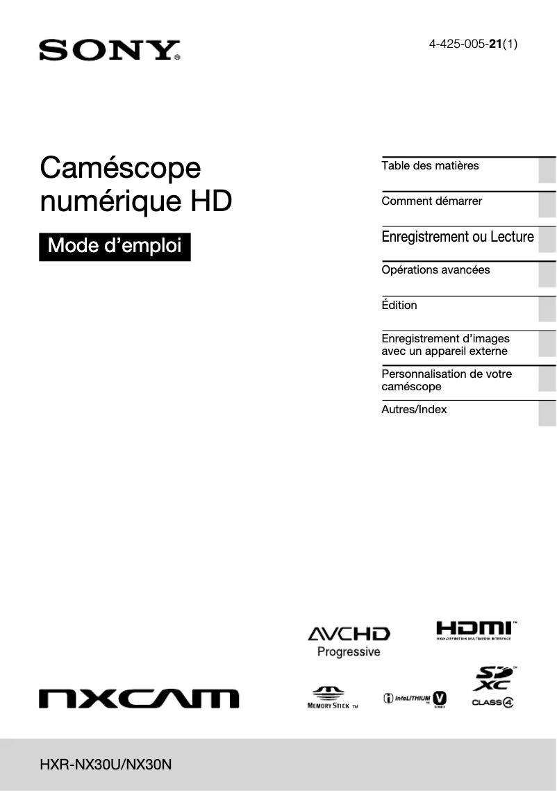 Image de la première page du manuel de l'appareil HXR-NX30N