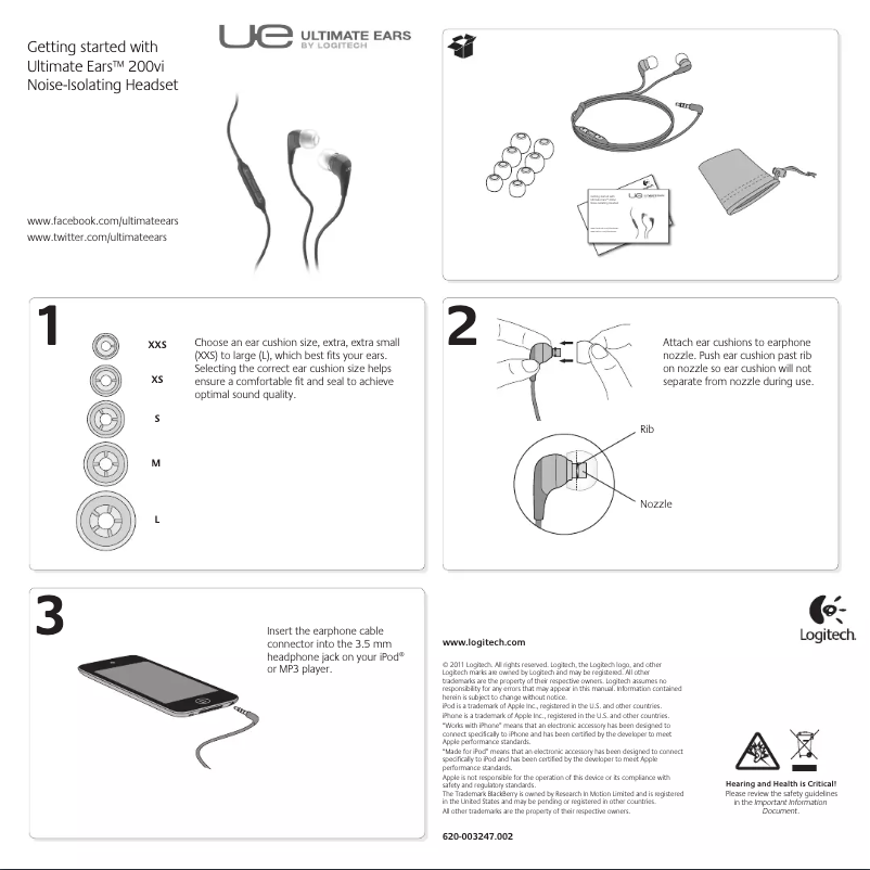 Page 1 de la notice Manuel utilisateur Ultimate Ears 200