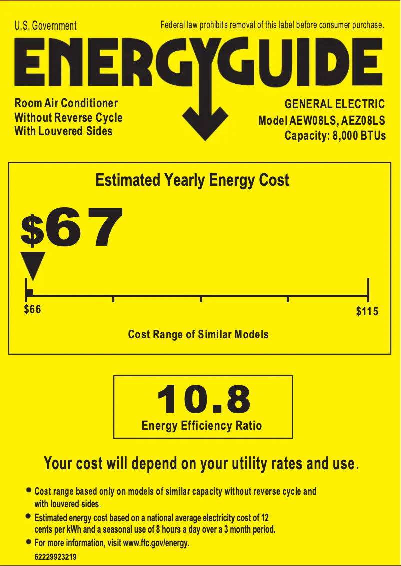 Page 1 de la notice Label énergétique GE AEZ08LS