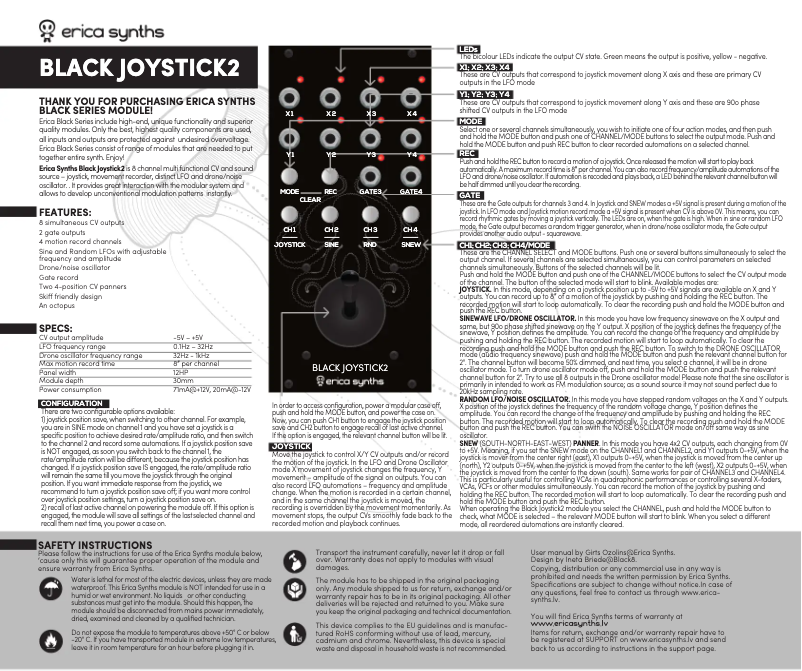 Page 1 de la notice Manuel utilisateur Erica Synths Black Joystick2