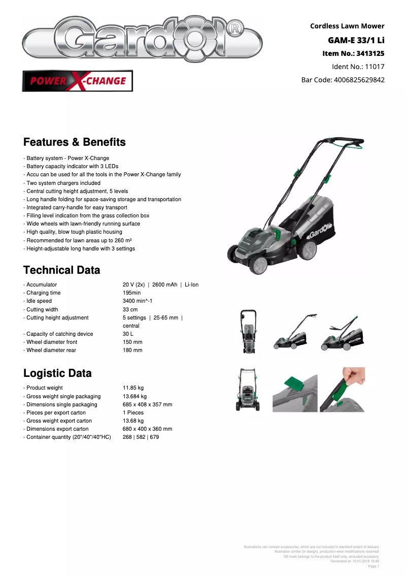 Page 1 de la notice Fiche technique Gardol GAM-E 33/1 Li