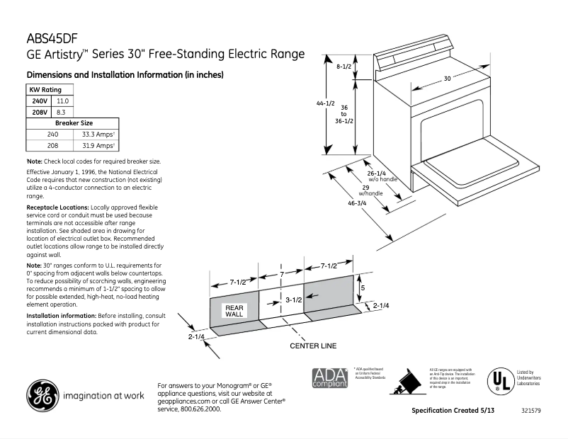 Page 1 de la notice Fiche technique GE Artistry ABS45DFWS