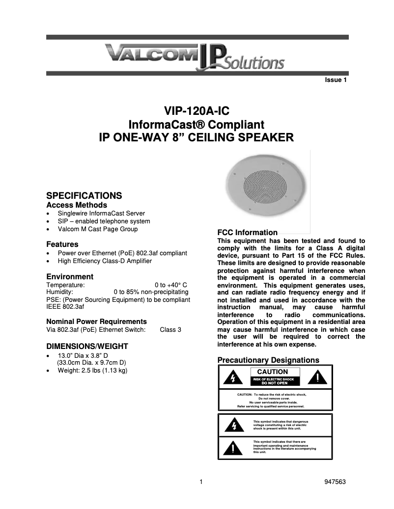 Page n°1 - Manuel utilisateur Valcom VIP-120