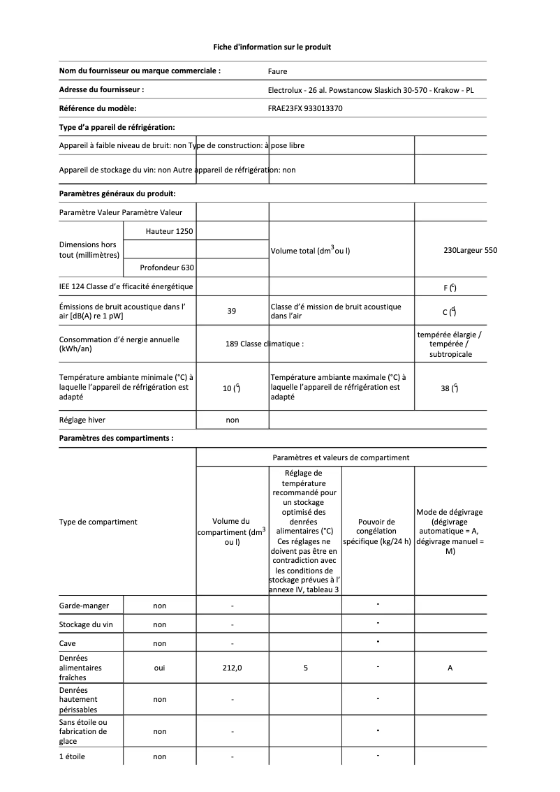 Page 1 de la notice Fiche technique Electrolux FRAE23FX