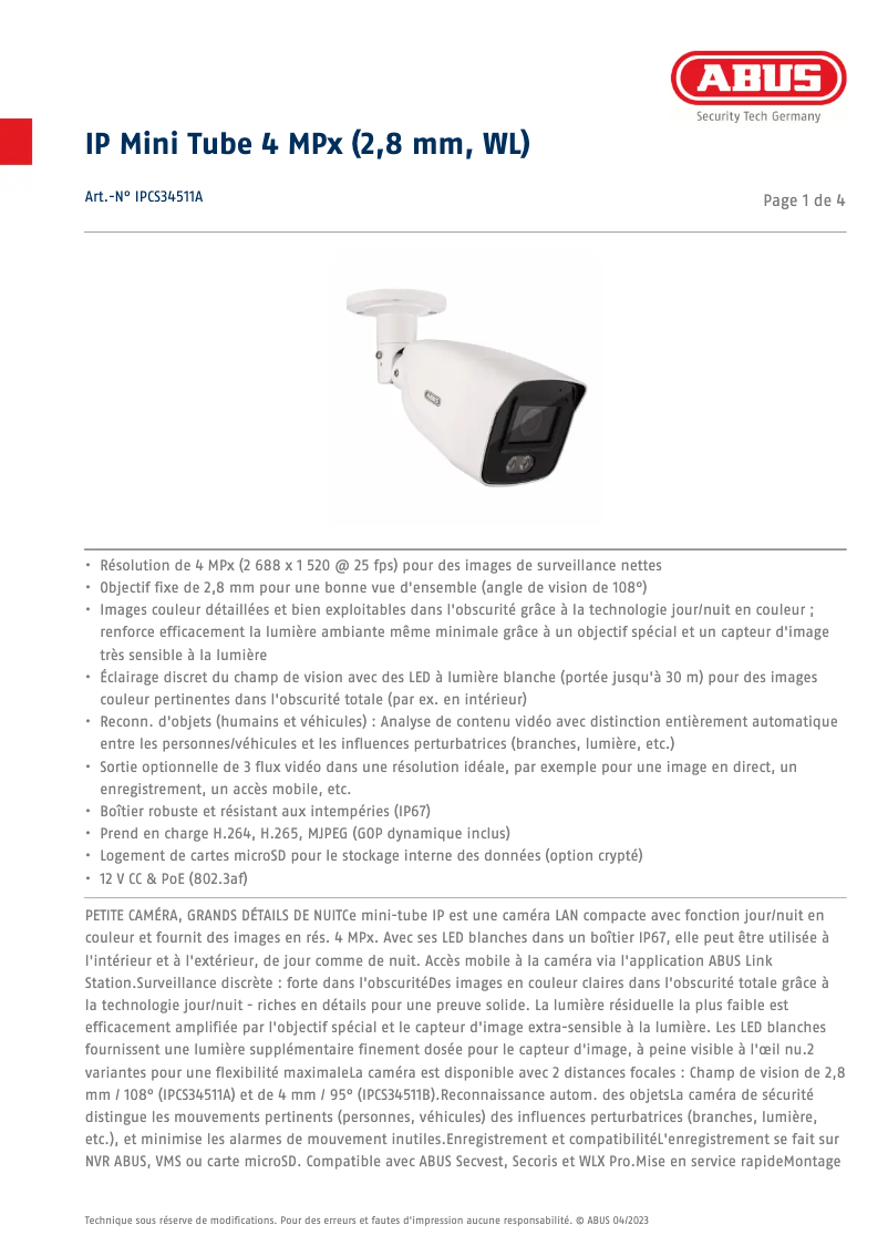 Page n°1 - Fiche technique Abus IPCS34511A