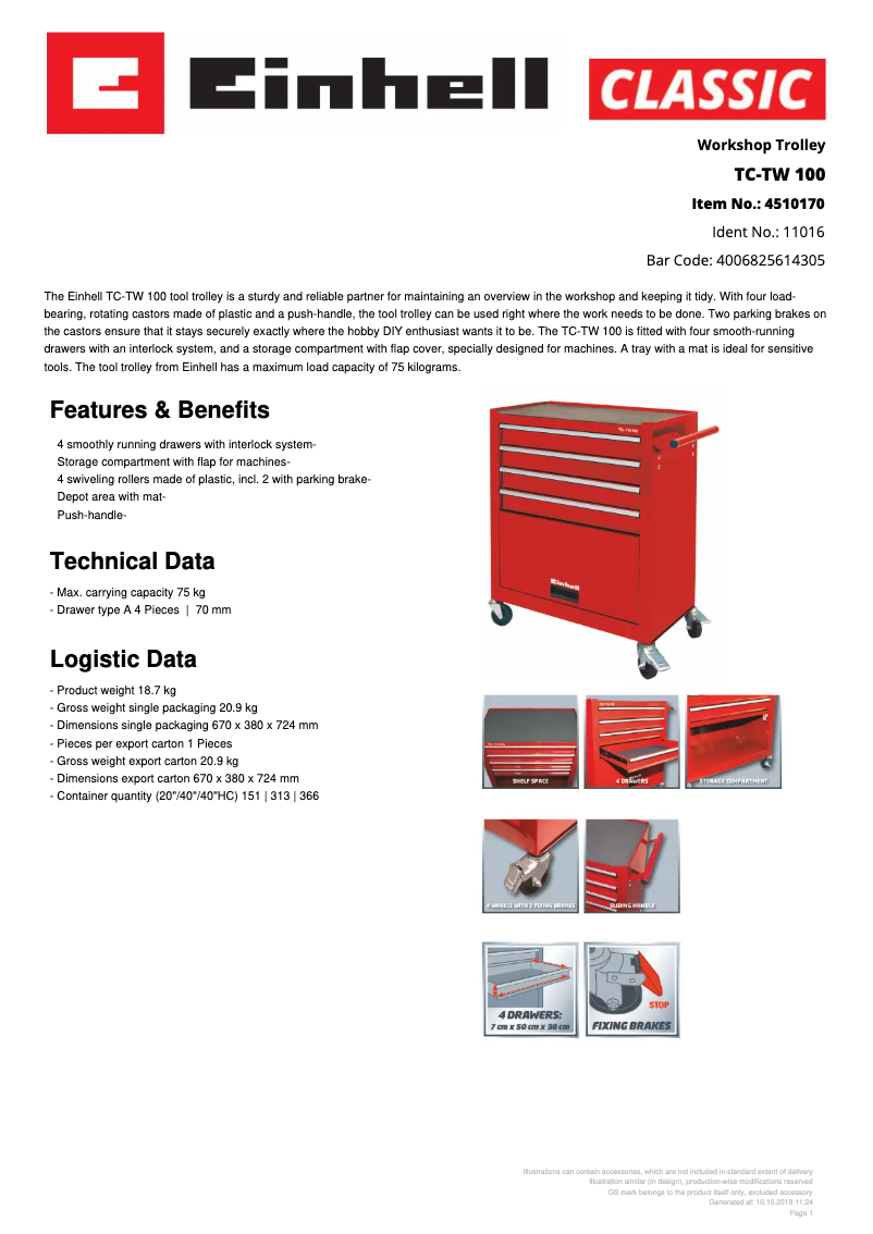 Page 1 de la notice Fiche technique Einhell TC-TW 100