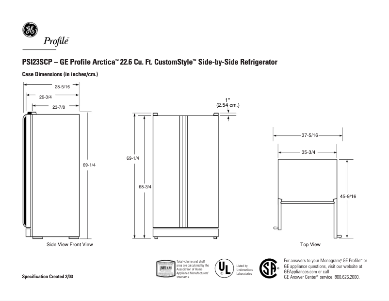 Page 1 de la notice Fiche technique GE Profile CustomStyle PSI23SCPBS