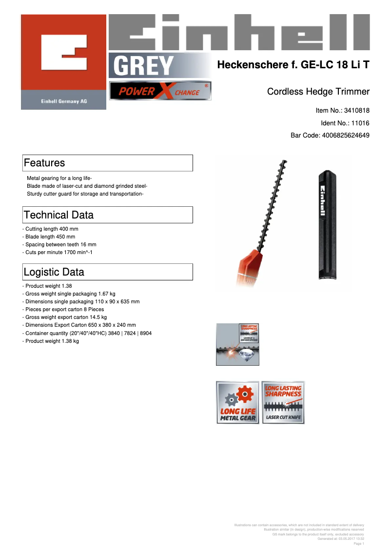 Page n°1 - Fiche technique Einhell GE-HH 18 Li T