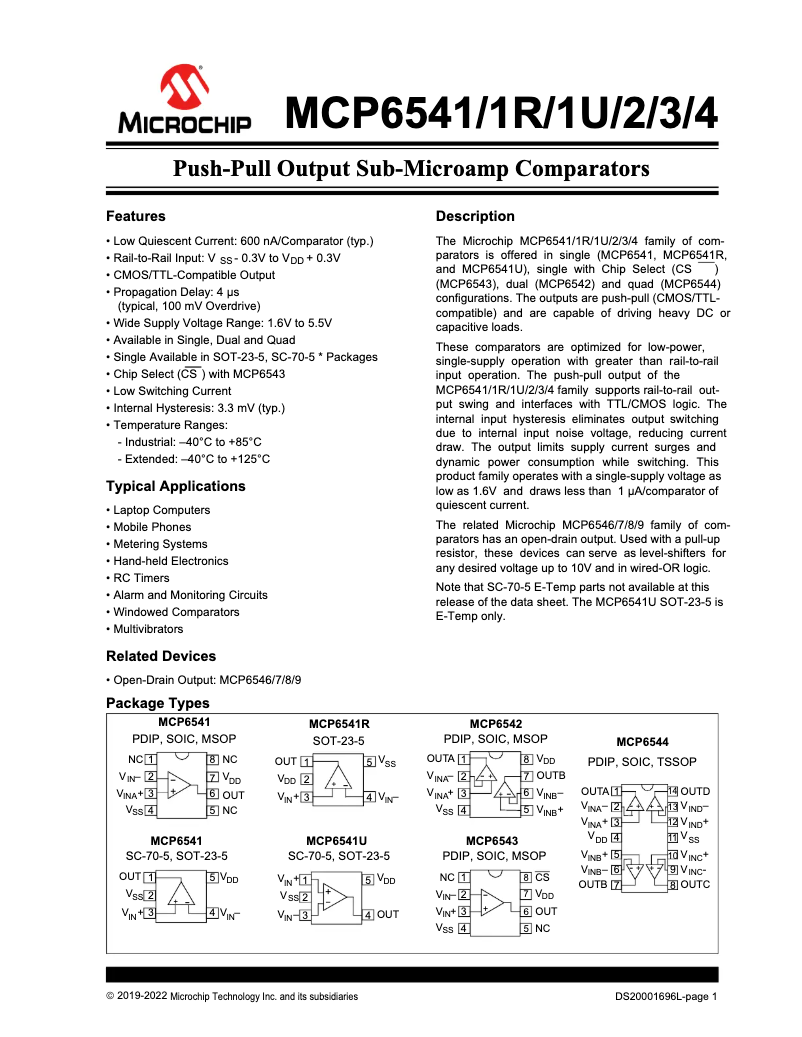 Page 1 de la notice Fiche technique Microchip MCP6541