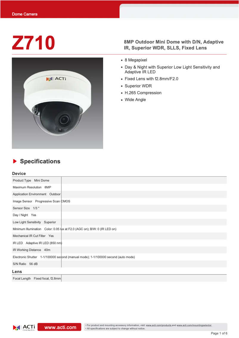 Page n°1 - Fiche technique ACTi Z710
