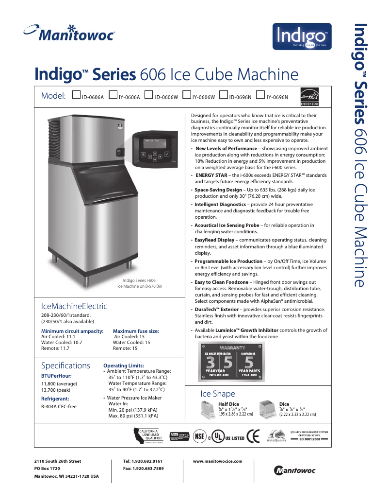 Page n°1 - Fiche technique Manitowoc IY-0696N