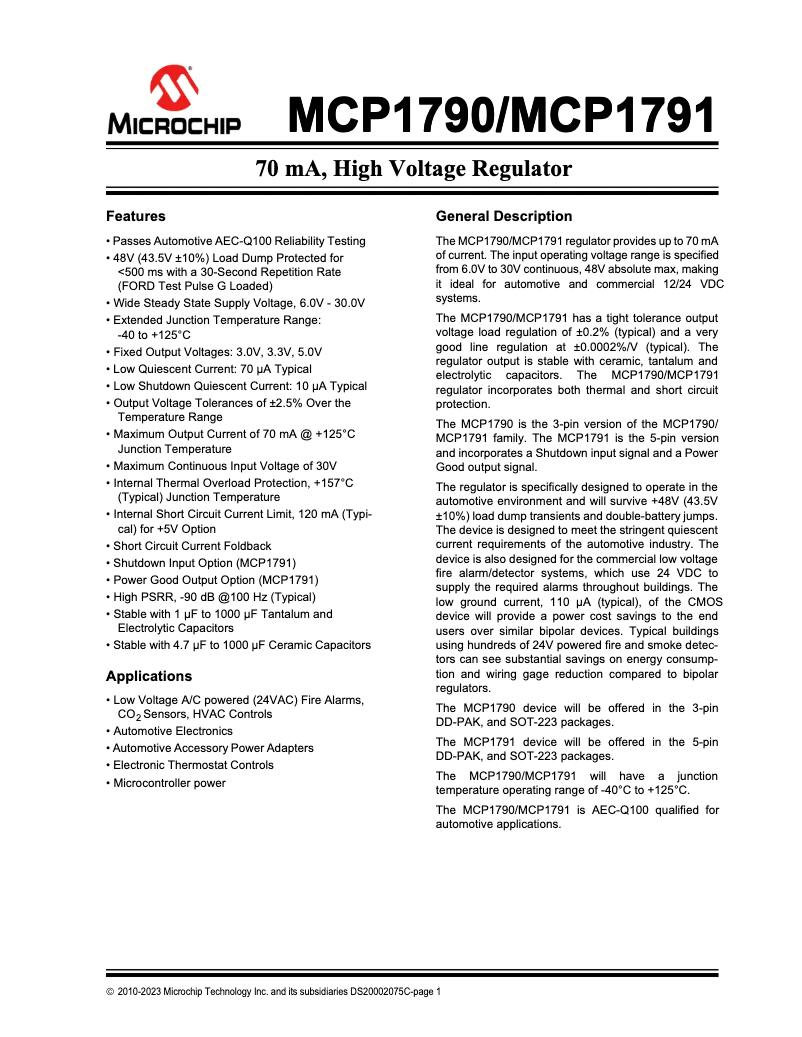 Página 1 del manual Ficha técnica Microchip MCP1791