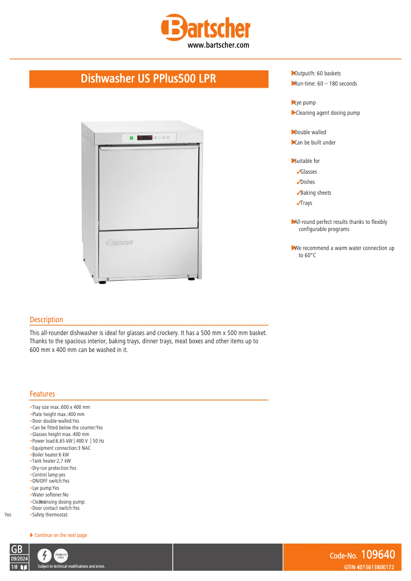 Page 1 de la notice Fiche technique Bartscher US PPlus500 LPR