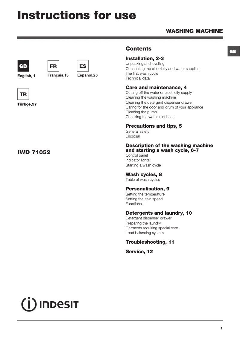 Page 1 de la notice Manuel utilisateur Indesit IWD 71052 SL C ECO EU
