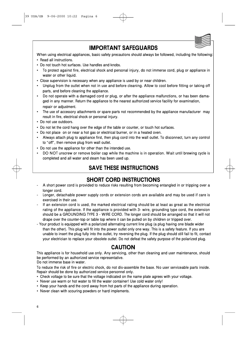 Page n°1 - Manuel utilisateur DeLonghi Bar M 39 Grande