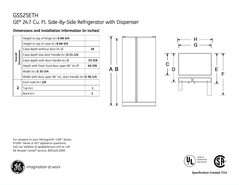 Page 1 of the manual Technical Sheet GE GSS25ETHBB