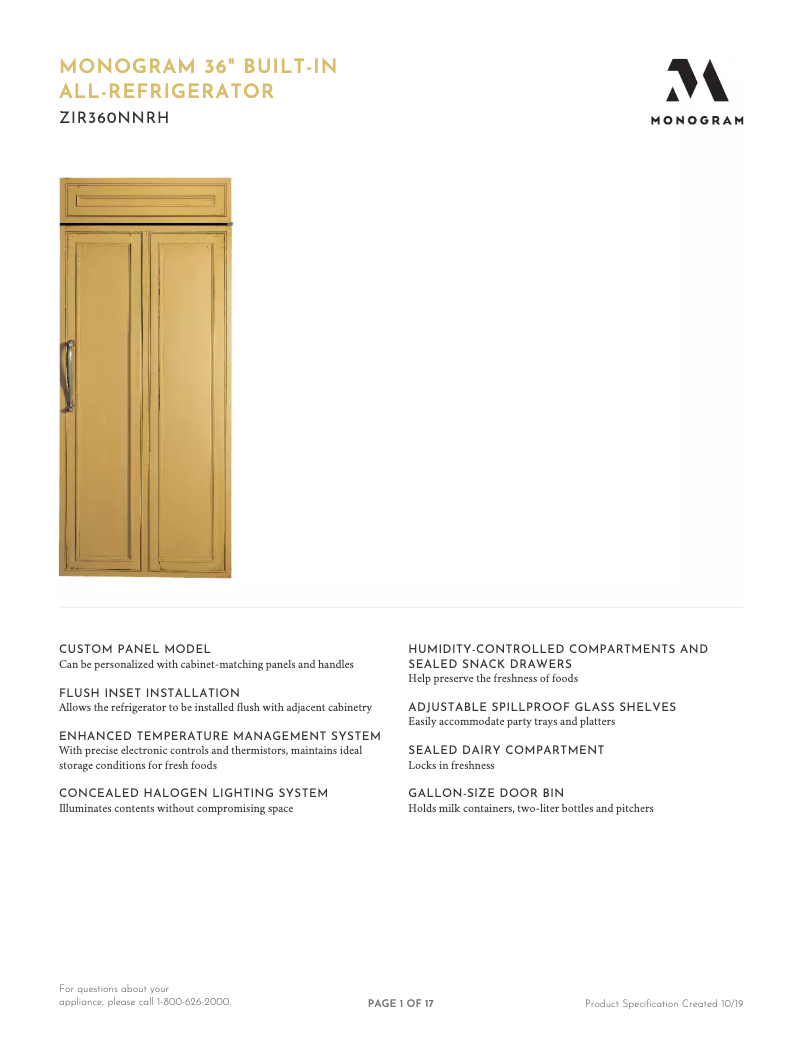 Page 1 de la notice Fiche technique Monogram ZIR360NNRH