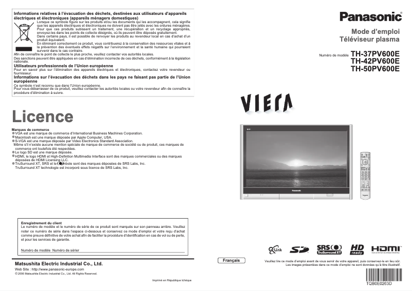 Page 1 de la notice Manuel utilisateur Panasonic Viera TH-50PV600E