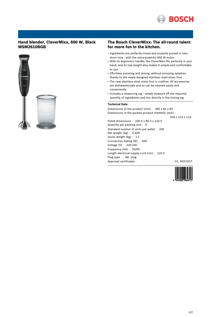 Page 1 de la notice Fiche technique Bosch CleverMixx MSM2610BGB