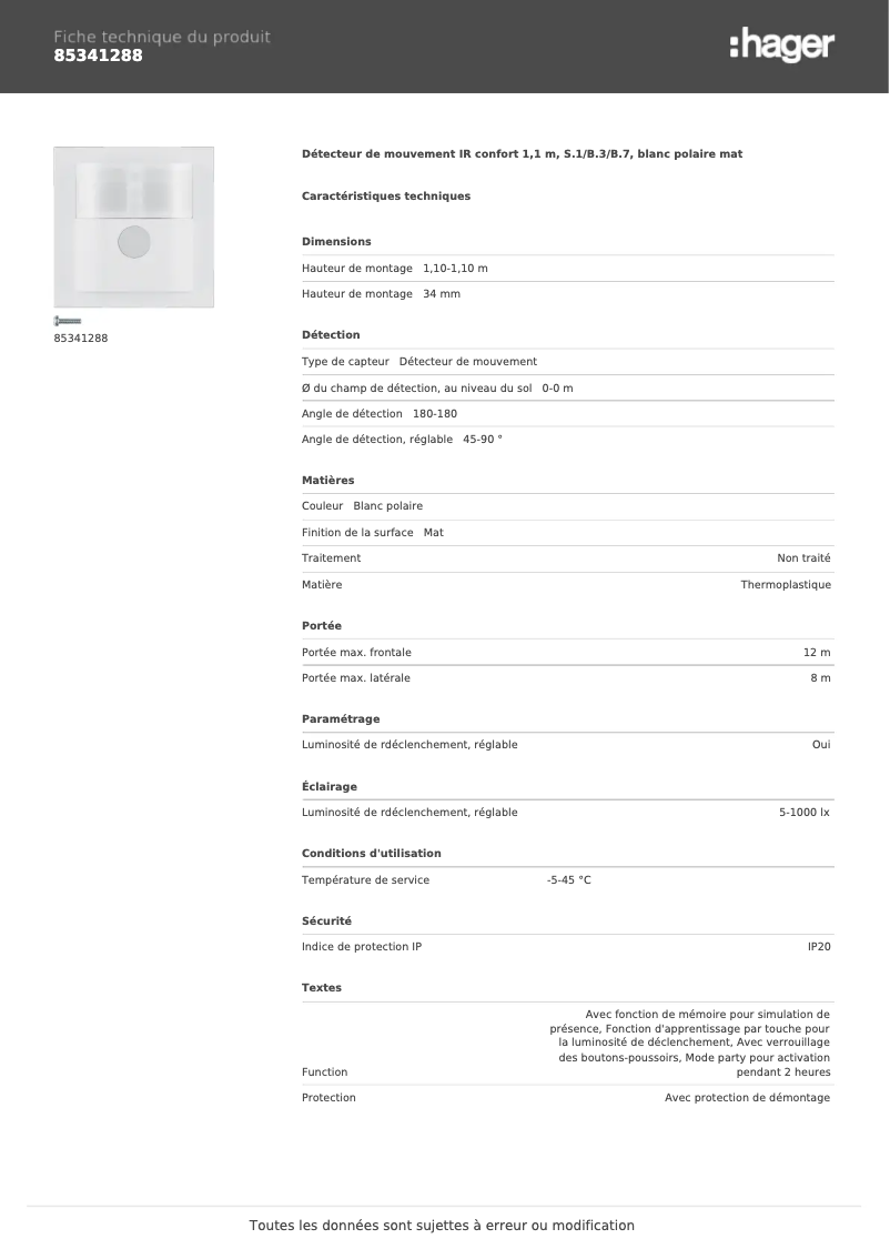 Page n°1 - Fiche technique Berker 85341288