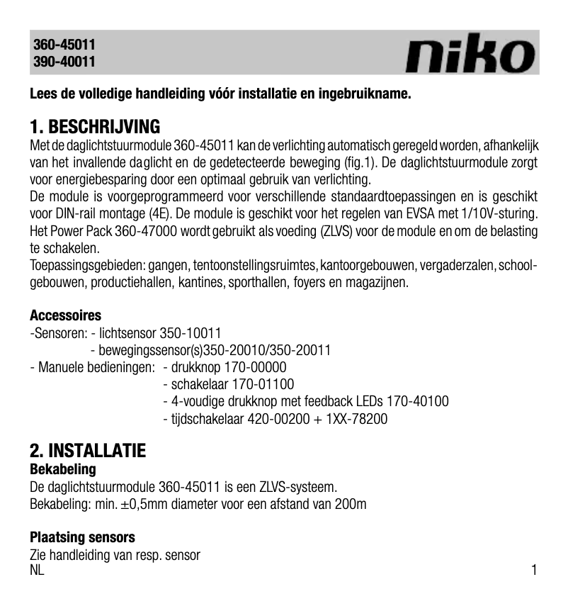 Page 1 de la notice Manuel utilisateur Niko 360-45011
