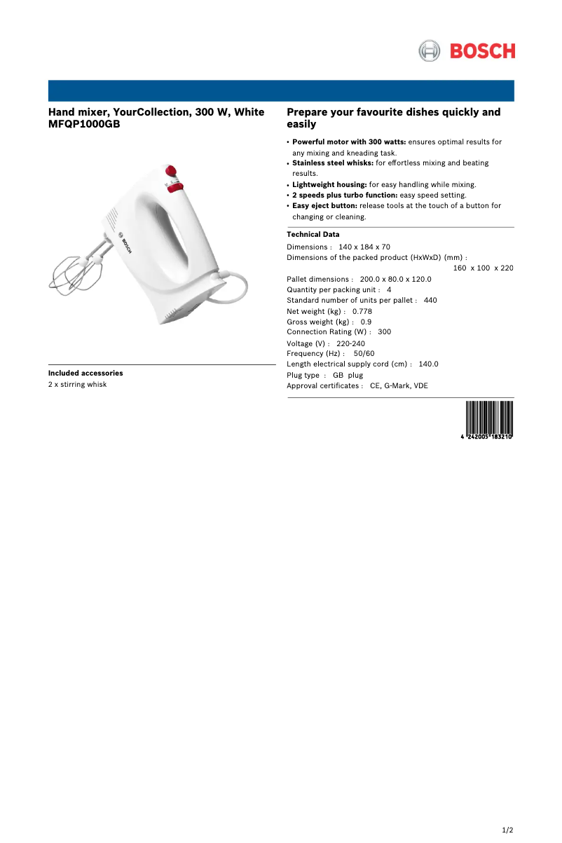 Página 1 del manual Ficha técnica Bosch MFQP1000GB