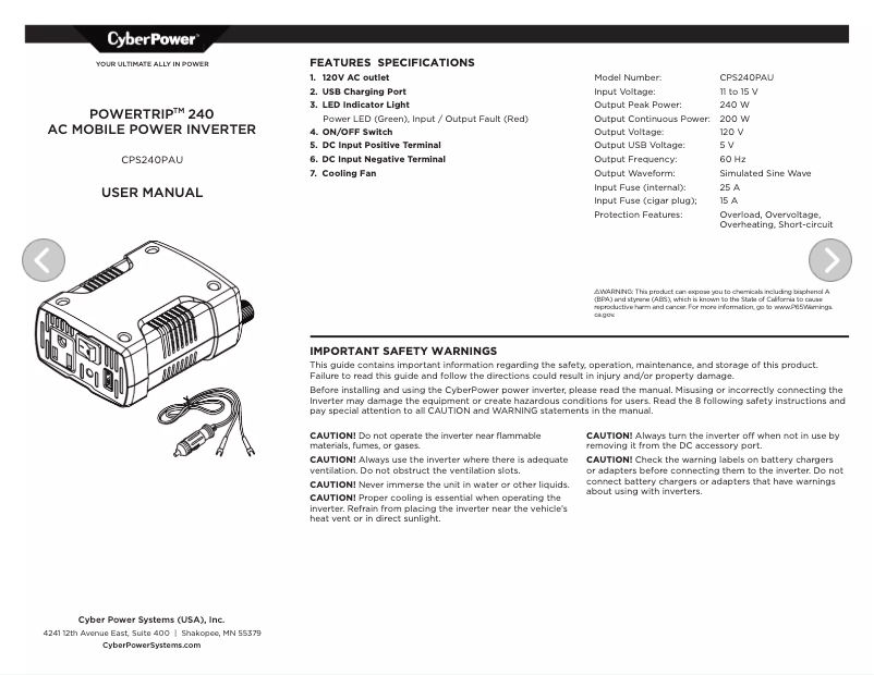Page 1 de la notice Manuel utilisateur CyberPower CPS240PAU