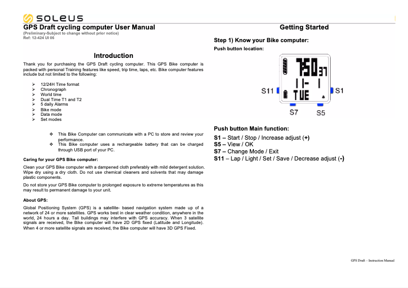 Page 1 de la notice Manuel utilisateur Soleus GPS Draft