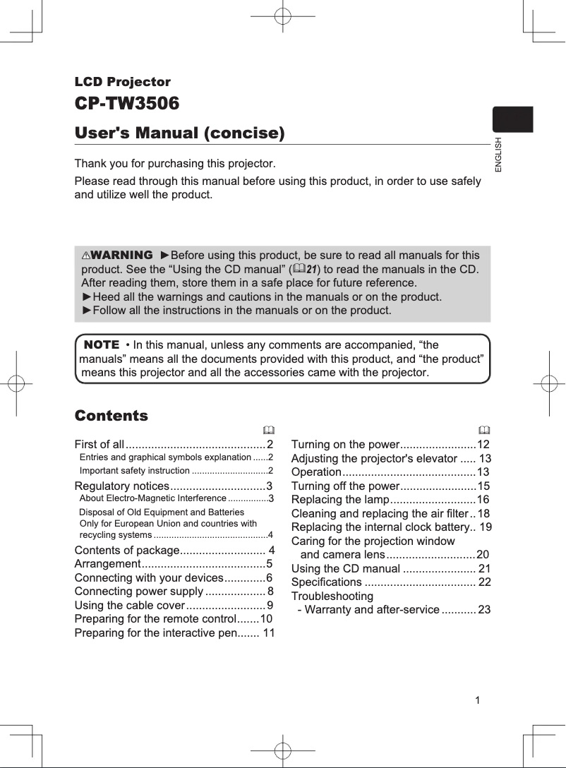 Page 1 de la notice Manuel utilisateur Hitachi CP-TW3506