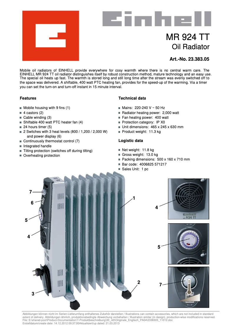 Page 1 de la notice Manuel utilisateur Einhell MR 924 TT