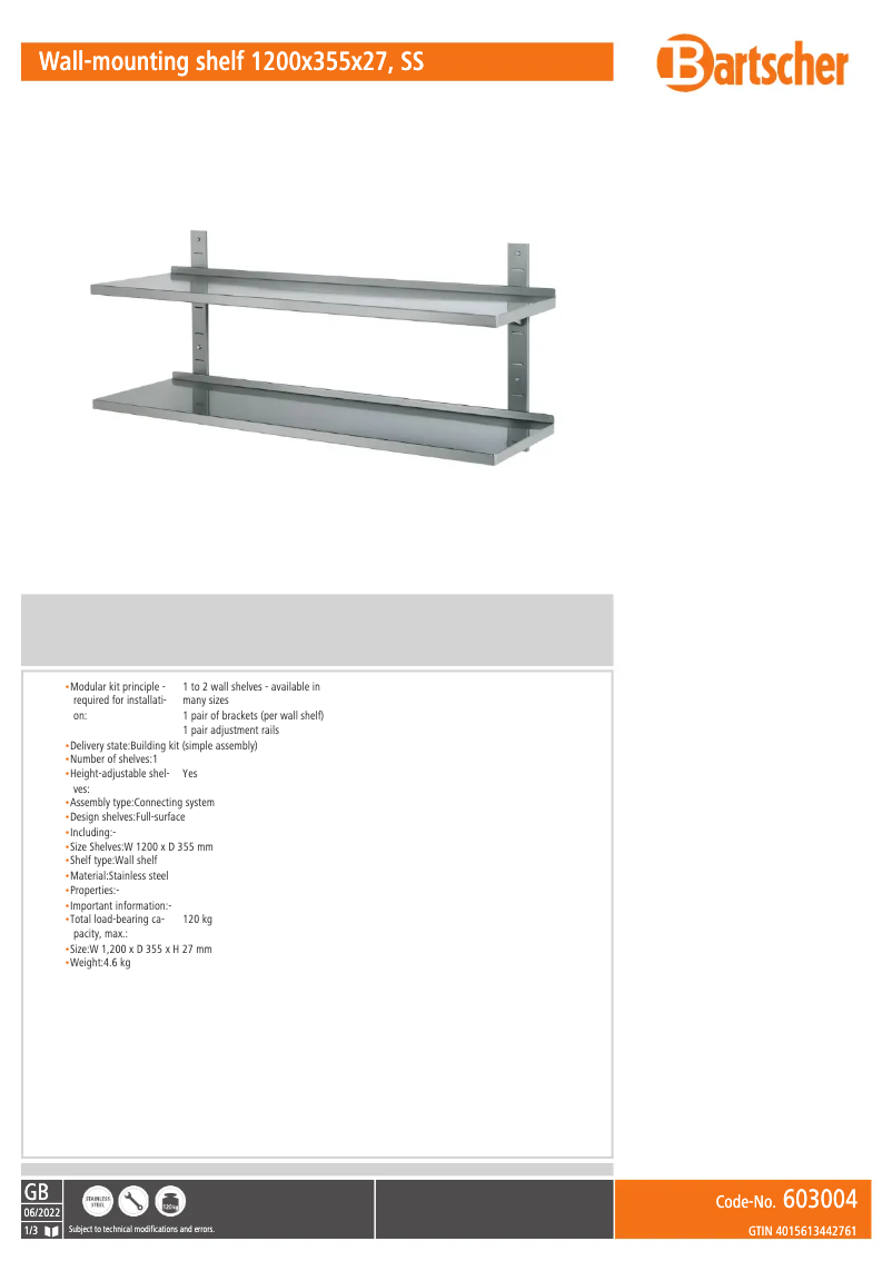 Page 1 de la notice Fiche technique Bartscher 603004