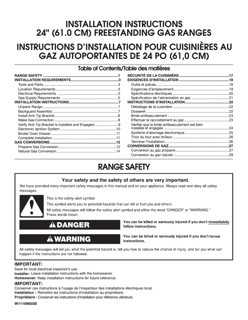 Page 1 de la notice Guide d'installation Whirlpool WFG500M4HS