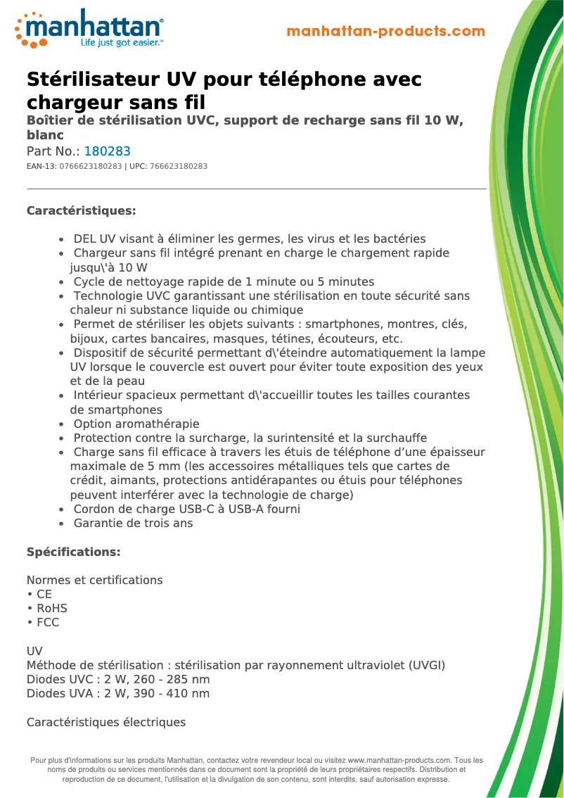 Page 1 de la notice Fiche technique Manhattan 180283