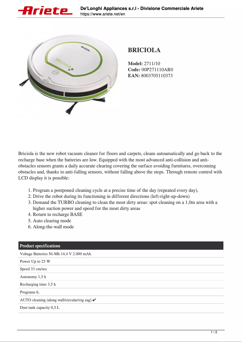 Page n°1 - Manuel utilisateur Ariete Briciola 2711