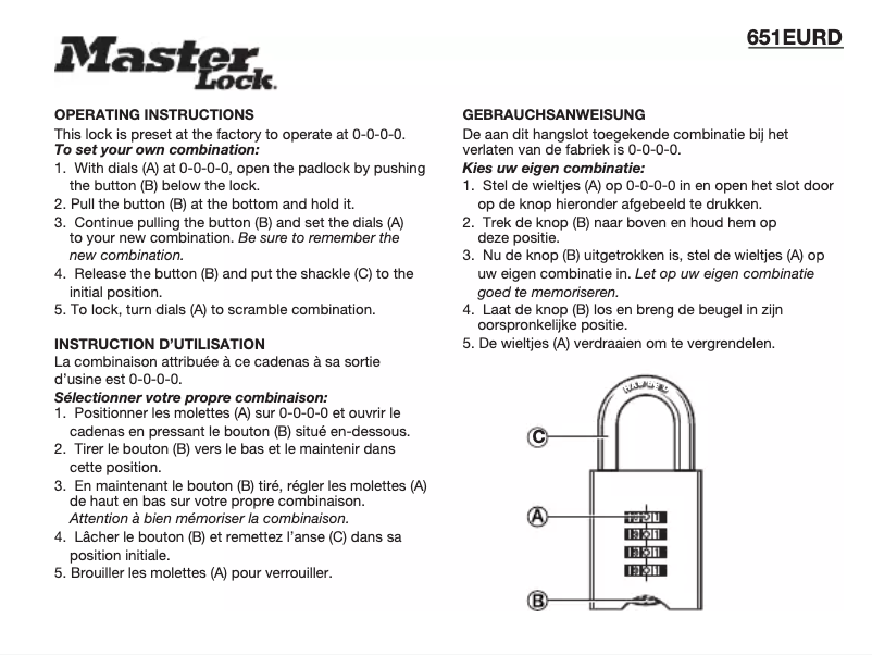 Página 1 del manual Manual de usuario Master Lock 651EURD