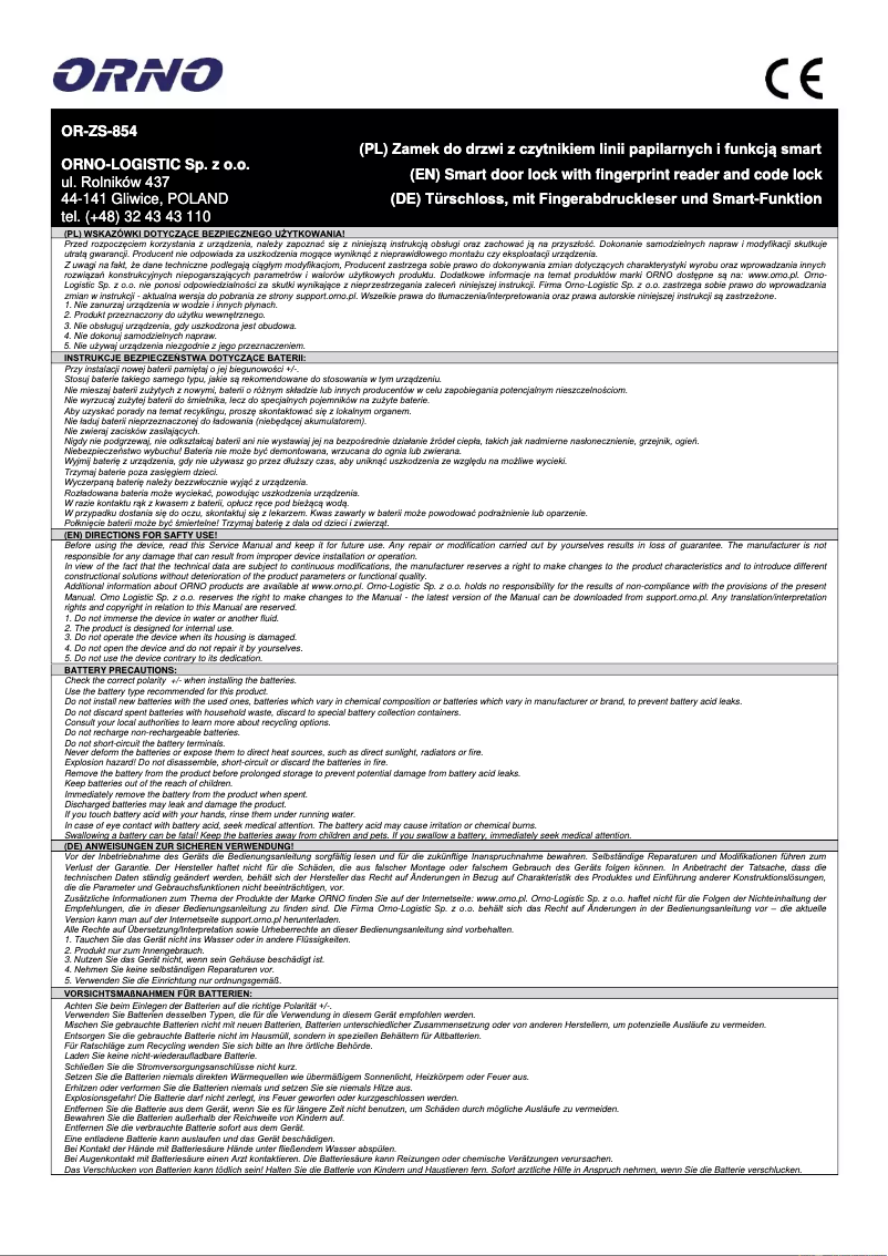 Page 1 de la notice Manuel utilisateur ORNO OR-ZS-854