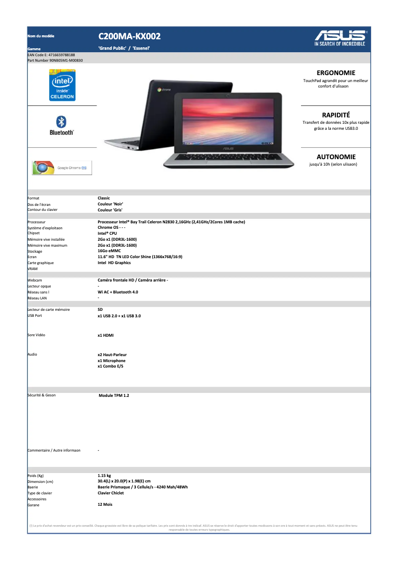 Page 1 de la notice Manuel utilisateur Asus Chromebook C200MA