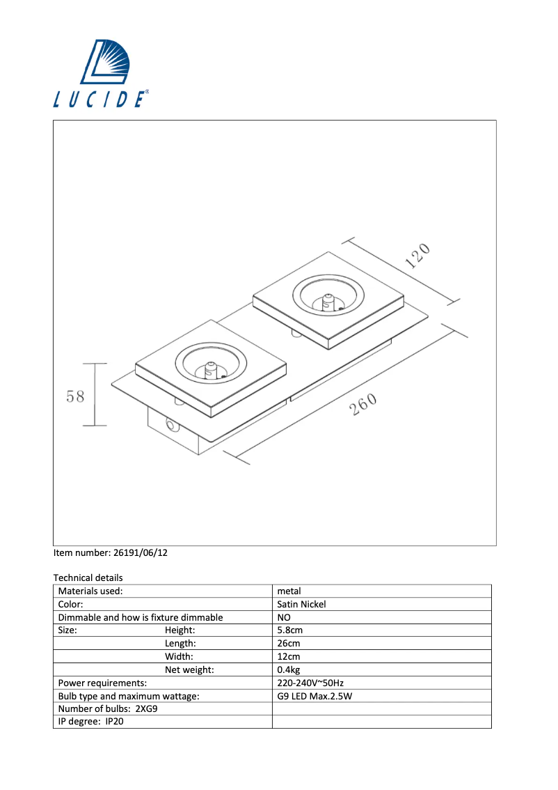 Page 1 de la notice Manuel utilisateur Lucide Audi led 26191/06/12