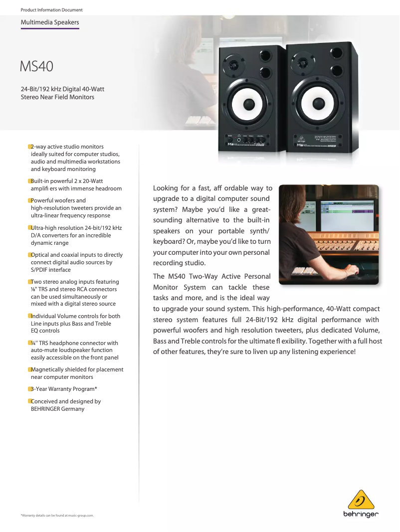 Page 1 de la notice Fiche technique Behringer MS40