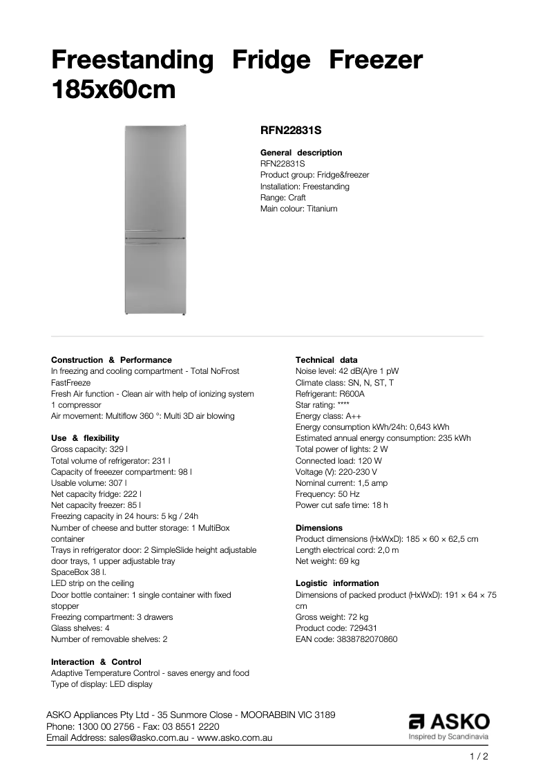 Página 1 del manual Ficha técnica Asko RFN22831S