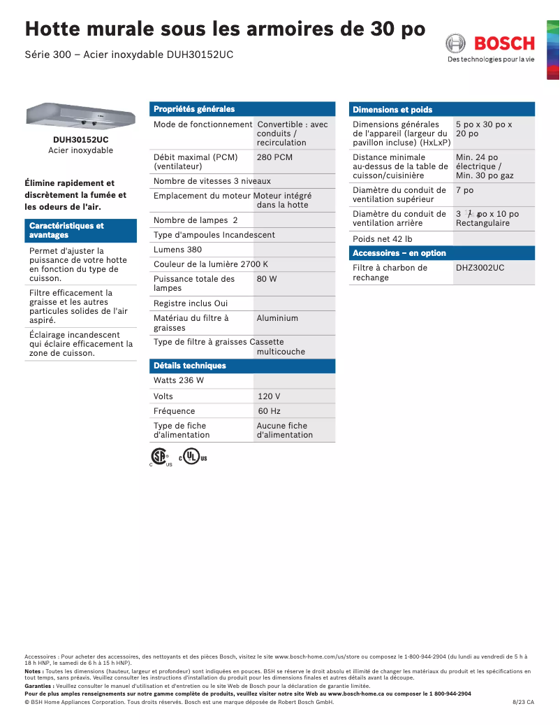 Page 1 de la notice Fiche technique Bosch DUH30152UC