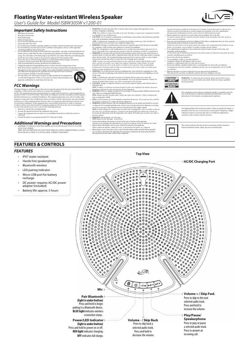 Page n°1 - Manuel utilisateur iLive ISBW305W
