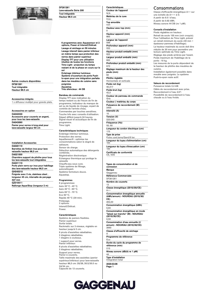 Page 1 de la notice Fiche technique Gaggenau DF261261