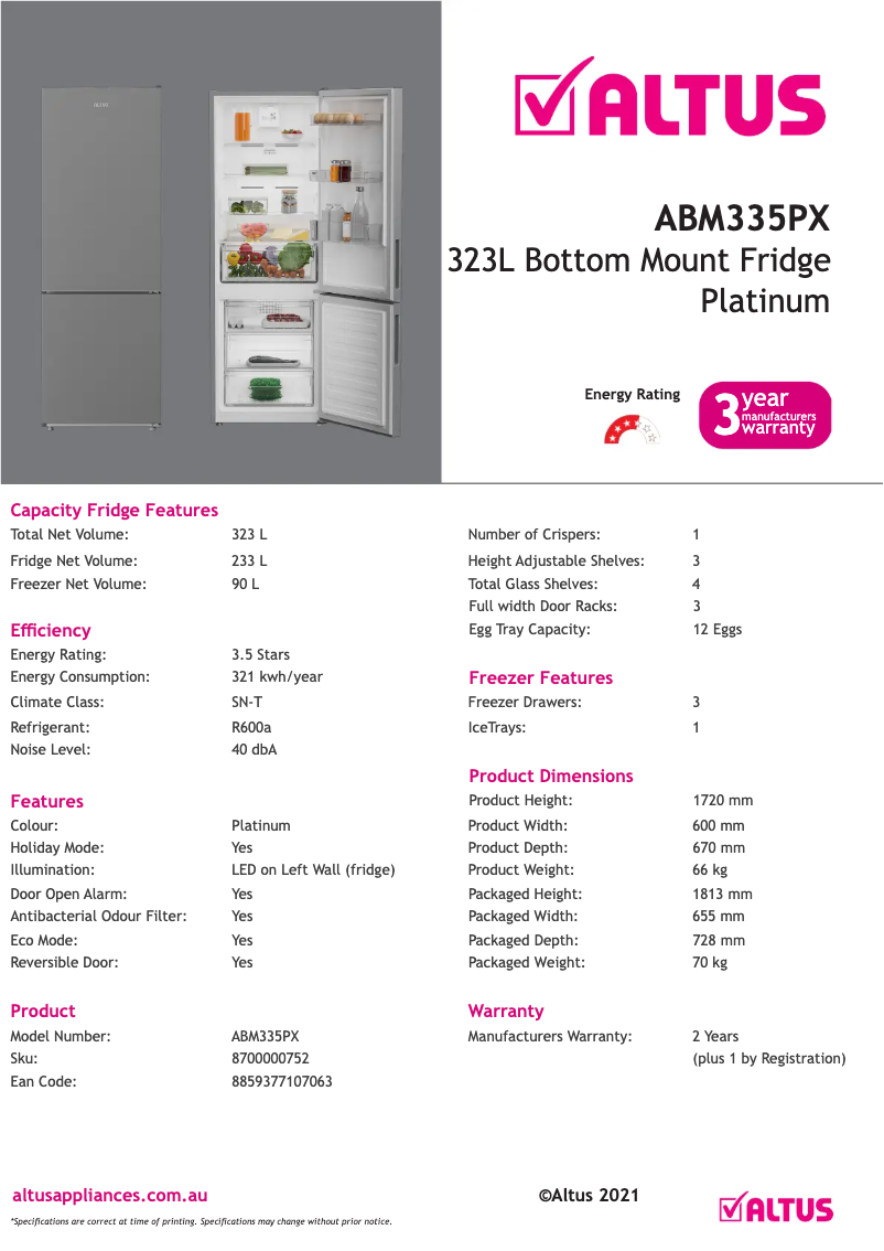 Página 1 del manual Ficha técnica Altus ABM335PX