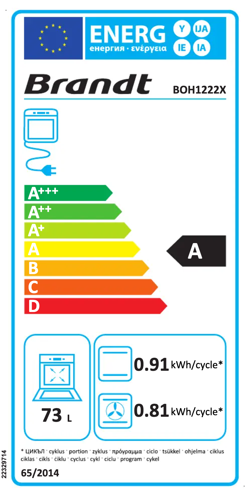 Page 1 de la notice Label énergétique Brandt BOH1222X
